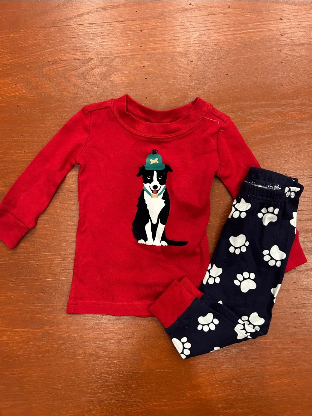 Gymboree Red Top with Navy and White Paw-Print Pants Pajama Set